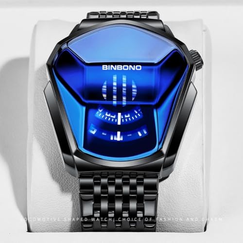 BACHATBAAZZAR—Not a product of our company,Luxury Black Watch for Man, Unique Creative Analog Watch, Stainless Steel Black Tone Strap Quartz Watch with Blue Big Dial, Waterproof Business Men's Fashion Wrist Watch
