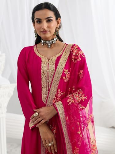 Libas Embroidered Silk Blend A-Line Ethnic Dress with Dupatta-93608L Pink