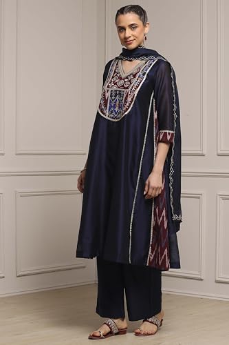 Biba Women Blue Cotton Blend A-Line Printed Suit Set_32