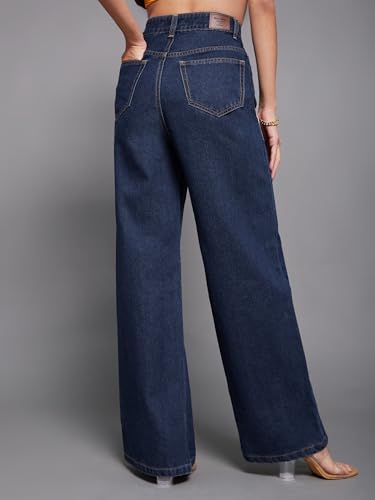 Miss Chase Women's Wide-Leg High-Rise Regular-Length Non-Stretchable Denim Jeans (MCSS18DEN02-19-963-30, Carbon Blue, 30)