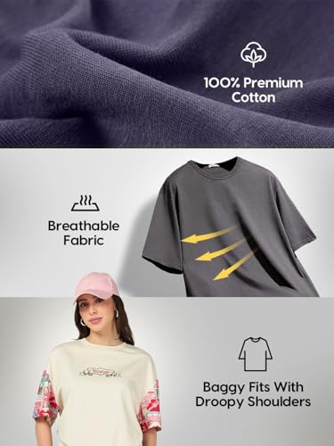 Bewakoof Women's Graphic Print Oversized Fit Half Sleeve Round Neck Cotton T-Shirt_677635_Black_3XL