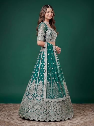 Zeel Clothing Women's Zari Sequins Embroidered Work Soft Net Lehenga Choli With Dupatta (6013-Rama-Womens-Lehenga-Choli-New; Free size)