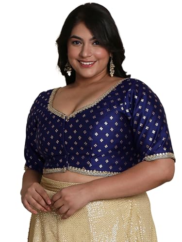 SALWAR STUDIO Women's Navy Blue Brocade Readymade Saree Blouse-PLSSB00006-NVBL