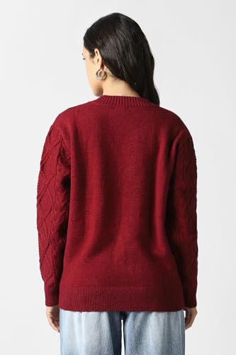 Women Maroon Textured V Neck Sweater