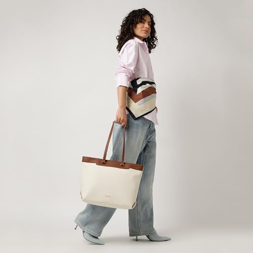 Fastrack Vanilla Clay Laptop Tote Bag | White on Tan Faux Leather Work Tote with 14 Inch Laptop Sleeve | Zip Closure with Organizer Pocket & Dual Handles