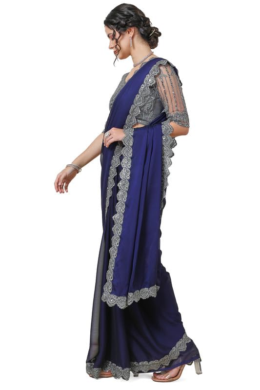 Soch Womens Navy Blue Georgette Saree with Lace Border