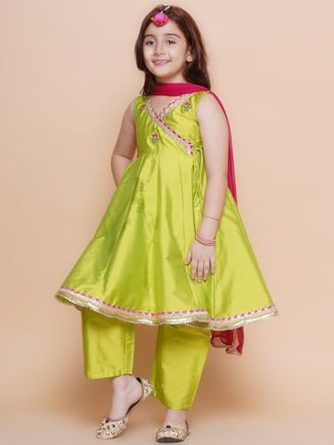 Bitiya By Bhama Girls Green Floral Embroidered Angrakha Kurta with Trousers & Dupatta(TKS166)