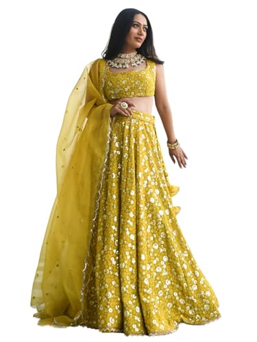 Zeel Clothing Women's Georgette Semi-Stitched Sequins Thread Embroidered Lehenga Choli With Dupatta (7084-Mehndi--Lehenga-Choli-Latest,Free size)