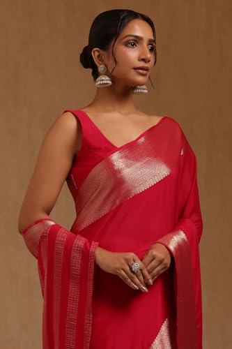 Soch Womens Fuchsia Georgette Solid Saree With Zari Woven Border And Pallu