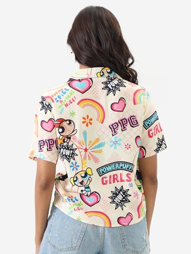 The Souled Store Official Powerpuff Girls: Sugar & Spice Women and Girls Short Sleeve Collared Neck Button Front Multicolor All Over Print Regular Fit Rayon Summer Shirts