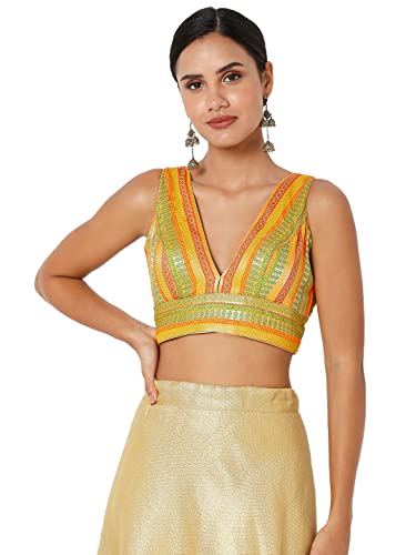 SALWAR STUDIO S Women's Yellow Multi Brocade Self Design Readymade Saree Blouse-SSB4195-YMLT