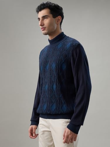 Raymond Men Regular Fit Wrapper Pattern Merino Wool Acrylic Blend Full Sleeve V Neck Casual Sweater Dark Brown