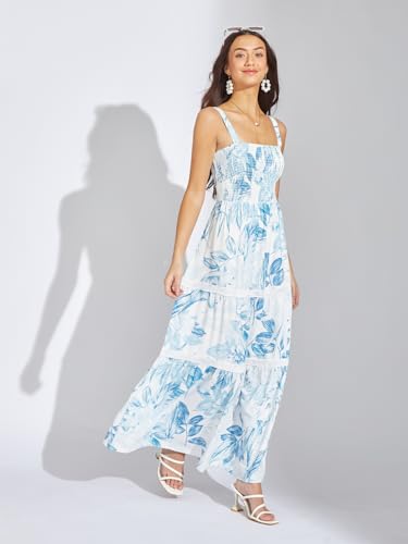 Latin Quarters Women Blue Floral Printed Maxi A-Line Dress | Square Neck | Sleeveless | Zip Closure