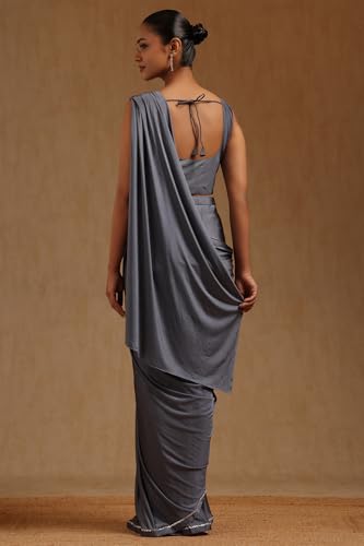 Soch Womens Grey Spandex Solid Ready To Wear Saree
