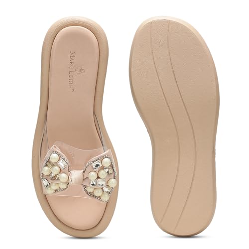 Marc Loire Women Smart Casual Bow Embellished Slip-On Flats Chappals | Open Toe Cute Fashion Sandals with Comfortable Sole (Nude, UK Footwear Size System, Adult, Women, Numeric, Medium, 7)