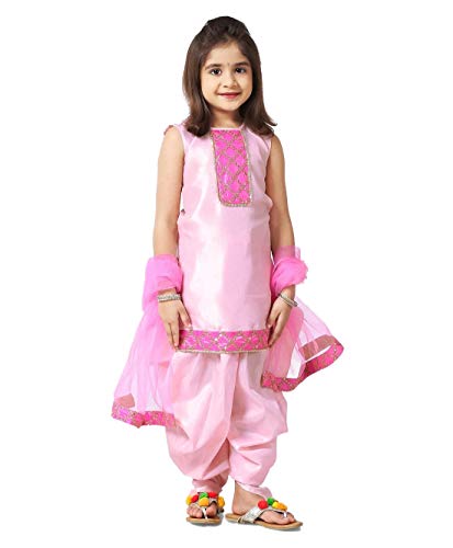 Sashay Boutique Girls Raw Silk Salwar Suit (Pink_dhotikurta_Pink_13-14 Years)