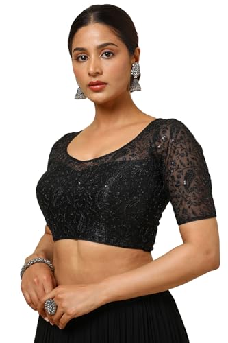 Soch Womens Black Embroidered Padded Net Blouse with Sequins