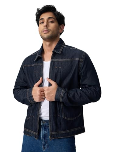 The Souled Store Denim Jacket: Raw Blue Men and Boys Full Sleeves Spread Collar Solid Cotton Regular Fit Lightweight Everyday Easy to Style Streetwear Trendy Winter Layering Denim Jacket
