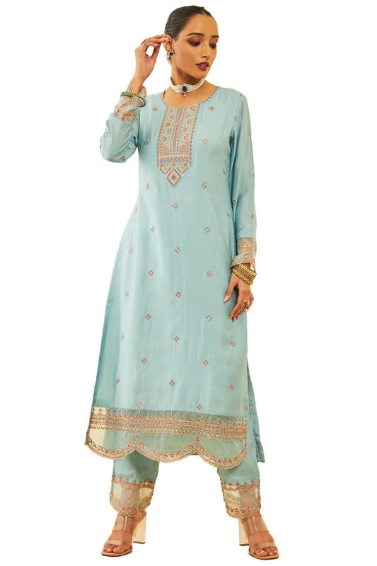 Soch Womens Powder Blue Chanderi Embroidered Suit Set With Sequins