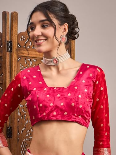 AKHILAM Women's Pink Satin Silk Ethnic Motif Printed Saree With Unstitched Blouse Piece (RNGREET101_HS)