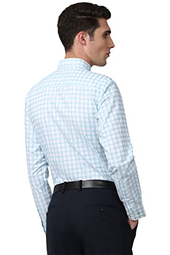 Peter England Men's Classic Checkered Formal Slim Fit Full Sleeve Shirt | Wonder Fabric | Cotton-Rich Light Blue