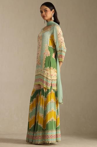 Soch Womens Powder Blue Crepe Floral Print Suit Set With Mirror Work
