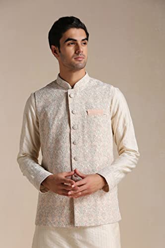 Manyavar Men's Jacket Kurta Set, Kurta Jacket Set for Men, Full Sleeves Mandarin Collar Ethnic Wear Jacket Set for Festival, Wedding, Party Blended Viscose (Off White, S)