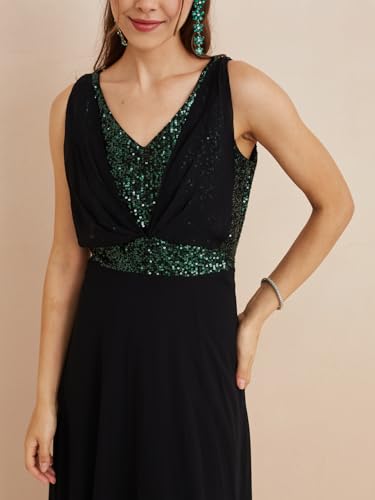 Latin Quarters Women's Black V-Neck Sleeveless Solid Party A-Line Dress_M