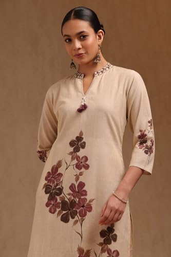 Soch Womens Beige Cotton Flex Floral Print Kurta with Thread Work