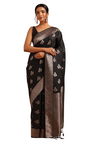 Soch Womens Black Viscose Silk Floral Saree With Zari Work