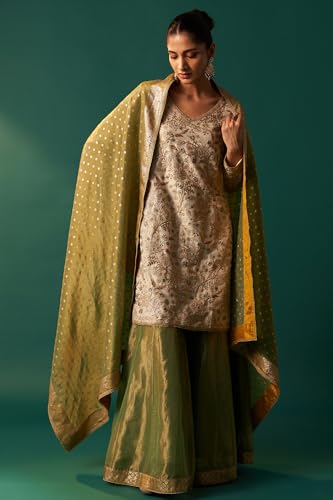 Wishful Women's White Zari Embroidered Tissue Straight Kurta with Sharara and Dupatta Set (SP12834-401055-2XL)