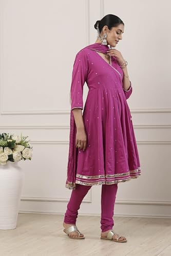 Biba Women Maroon Cotton Kalidar Suit Set_36