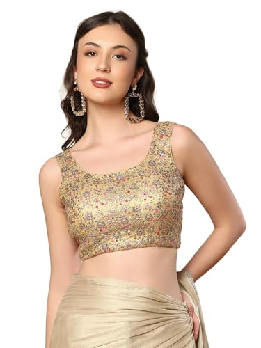 S SALWAR STUDIO Golden Embroidered Net Sleeveless Readymade Saree Blouse
