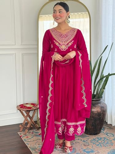 VARNI FABRICS: A lady's First Love Women's Vichitra Silk Pink Embroidered Flared Kurta With Pant And Dupatta,Ethnic Set (IN, Alpha, M, Regular)
