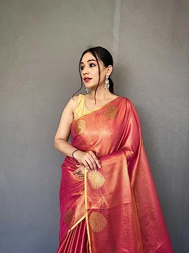 Panzora Women's Tissue Silk Jacquard Weaving Pink Saree With Unstitched Blouse Piece