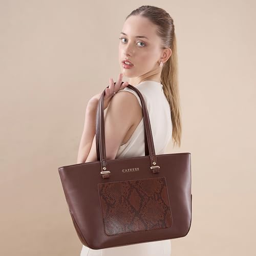Caprese Bambi Large Snake Textured Print Tote Bag for Women | Fits Up to 15 Inch Laptop | Premium Multi-Compartment Shoulder Handbag with Zipper Closure for Office Work and Travel (Brown)