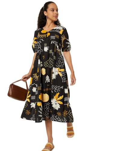 Max Women Printed Tiered Dress (Black_XS)