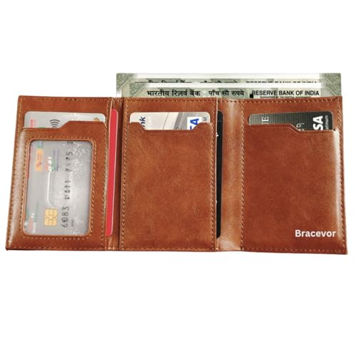 Bracevor Premium Popup Card Holder Trifold Leather Wallet for Men Women - Brown |4 Pockets+ID Window+Currency Slot + Coin Pocket | RFID & NFC Blocking | Magnetic Closure