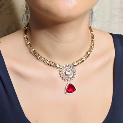 ZYRA JEWELS Micro Gold Plated Floral Necklace Set with American Diamond, Zircon & Moissanite Stones | Party Bling Luxury Designer Jewelry for Women & Girls (Ruby Red)