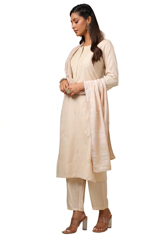 Soch Womens Beige Embroidered Cotton Flex Suit Set With Sequins