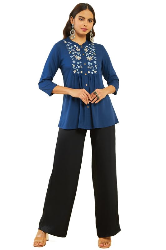 Soch Womens Teal Rayon Floral Embroidered Yoke A-line Tunic