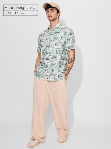 The Souled Store Green Escape Men and Boys Short Sleeves Collared Neck Button Front All Over Printed Cotton Holiday Shirts