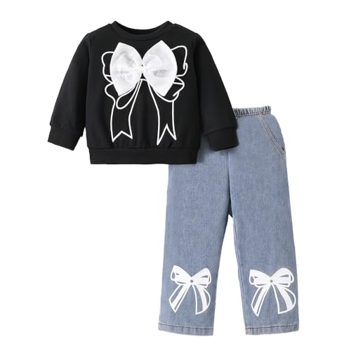 Hopscotch Girls Black Full Sleeves 2-Pc Bow Applique Jeans Set For Age (4-5 Years)