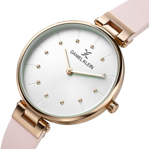 Daniel Klein Analog Silver Round Dial Rose Gold Case Pink Leather Strap Water-Resistant Wrist Watch for Women Girls, Ladies DK.1.12260-5