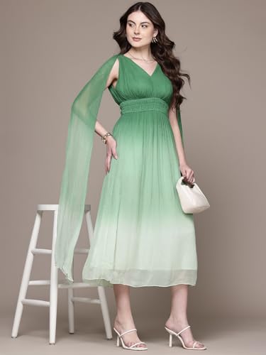 Label RITU KUMAR Green Etro V- Neck Full Sleeves Long Dress