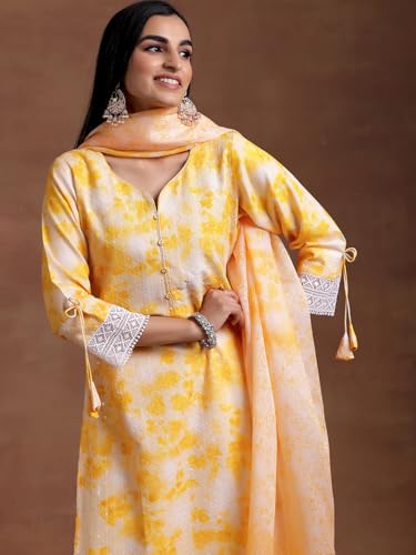 Libas Womens Embroidered Cotton Blend Straight Kurta With Palazzos and Dupatta