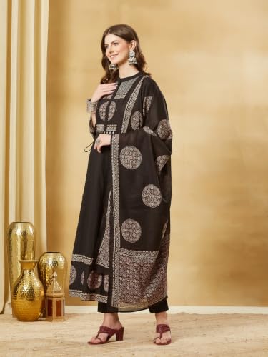 Divena Black Cotton Anarkali kurta Pant set With Dupatta