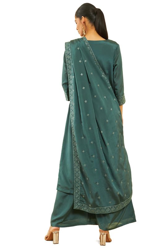 Soch Womens Green Chinon Embroidered Suit Set With Sequins