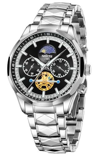 NIBOSI Chronograph Fly Wheel Watch For Men Analog Quartz Dress Diamond Business Stainless Steel Watches Date Luxury Men's Wristwatch|Birthday Gift For Men|Gift For Husband, Brother (Silver-Black)