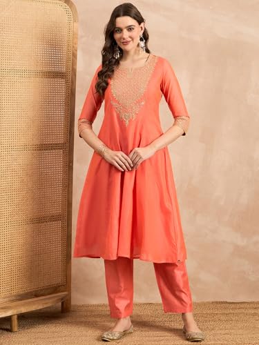 Rangavali Rust Embroidered Festive Anarkali Suit Set | Silk Chanderi Readymade Outfit Kurti, Pant & Dupatta for Women | Kurti Set for Ladies | 3 Pcs, L, 36